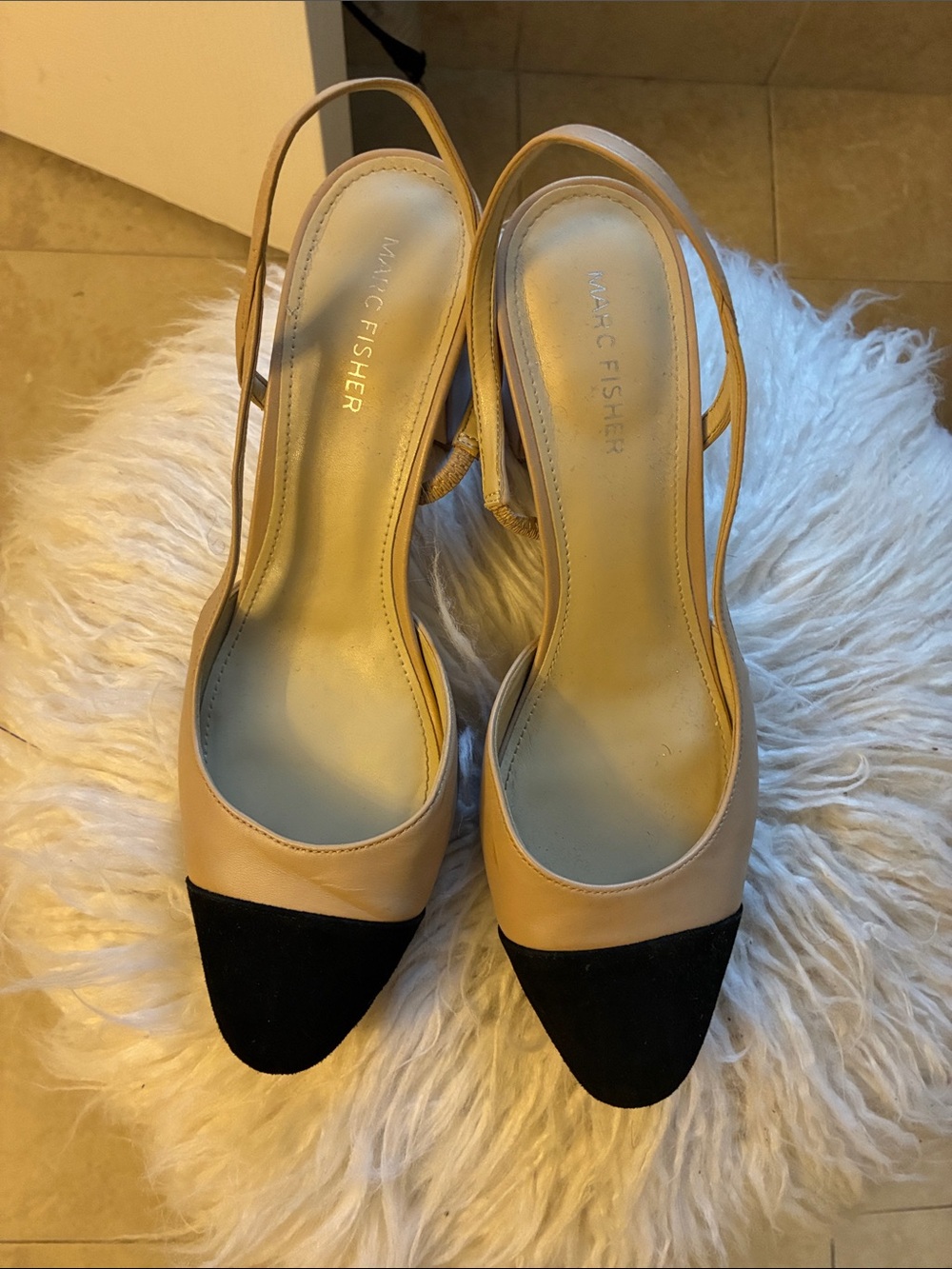 Marc Fisher Beige Slingback Pumps with Black Cap Toe